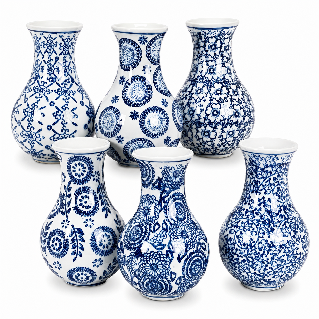 Six blue and white patterned ceramic vases arranged in two rows on a plain white background.