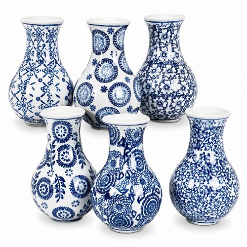 Six blue and white patterned ceramic vases arranged in two rows on a plain white background.