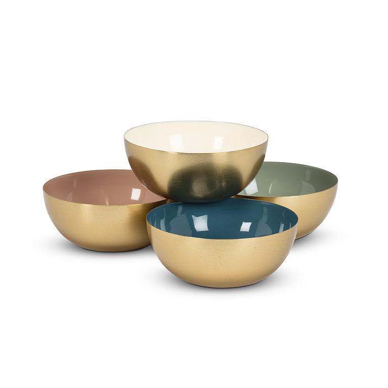 Set of four gradient bowls in gold, blue, beige, and green on a white background