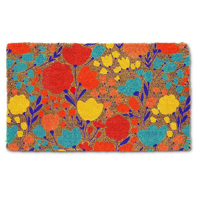 Colorful floral-patterned doormat on a white background
