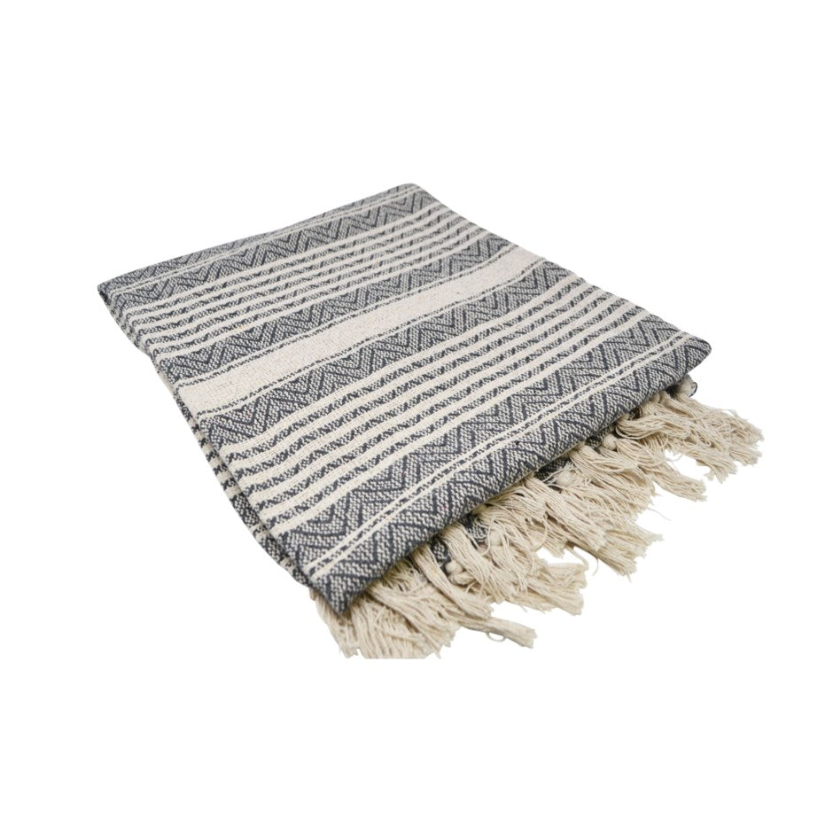 Gray and white patterned blanket with tassels on a white background
