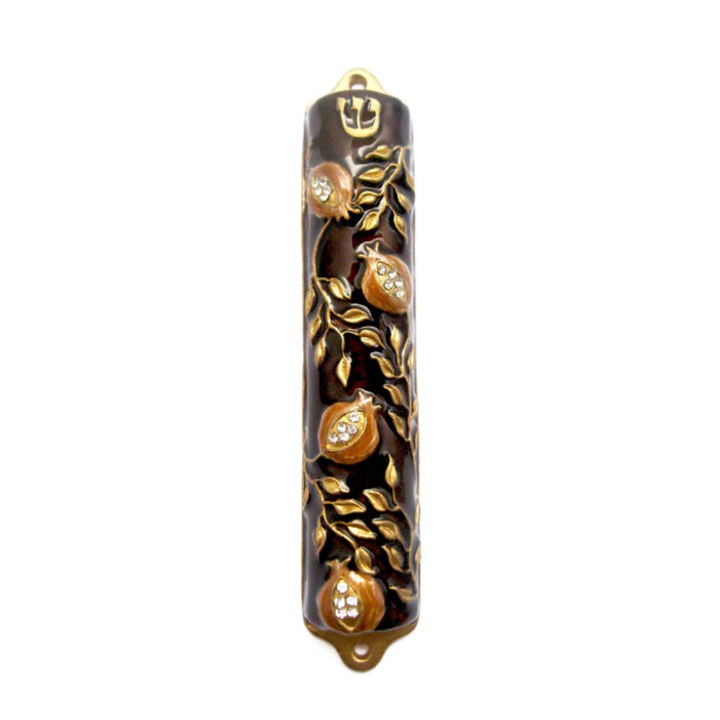 A dark brown and gold pomegranate-themed mezuzah case with a hanging loop at the top, shown against a plain white background.