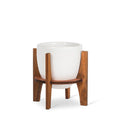 White ceramic planter with wooden stand on a white background