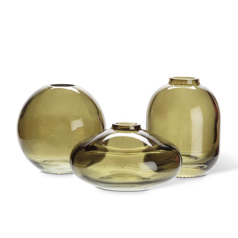 Three olive green glass vases of different sizes on a white background