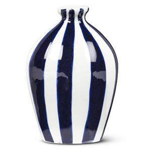 Vase with blue and white striped pattern on a white background