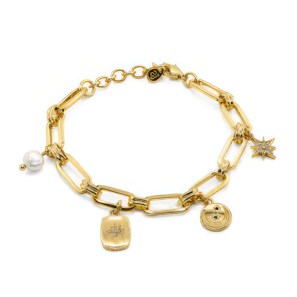 A gold chain bracelet with chunky link segments and multiple charms, including a small white pearl bead, a star charm, a round medallion, and a rectangular charm with a star detail, shown on a plain white background.