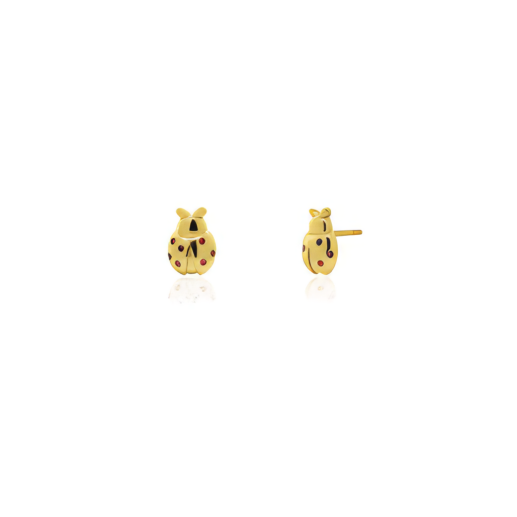 Gold ladybug earrings on a white background