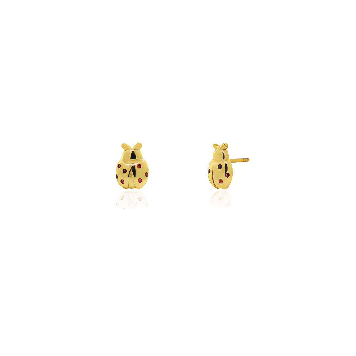 Gold ladybug earrings on a white background
