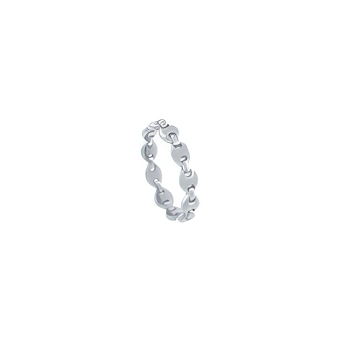 A silver chain ring with elongated oval links, shown on a plain white background.
