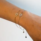 Two delicate chain bracelets with Star of David pendants worn on a person's wrist. One bracelet is gold with a crystal-encrusted star, and the other is silver with a matching star.