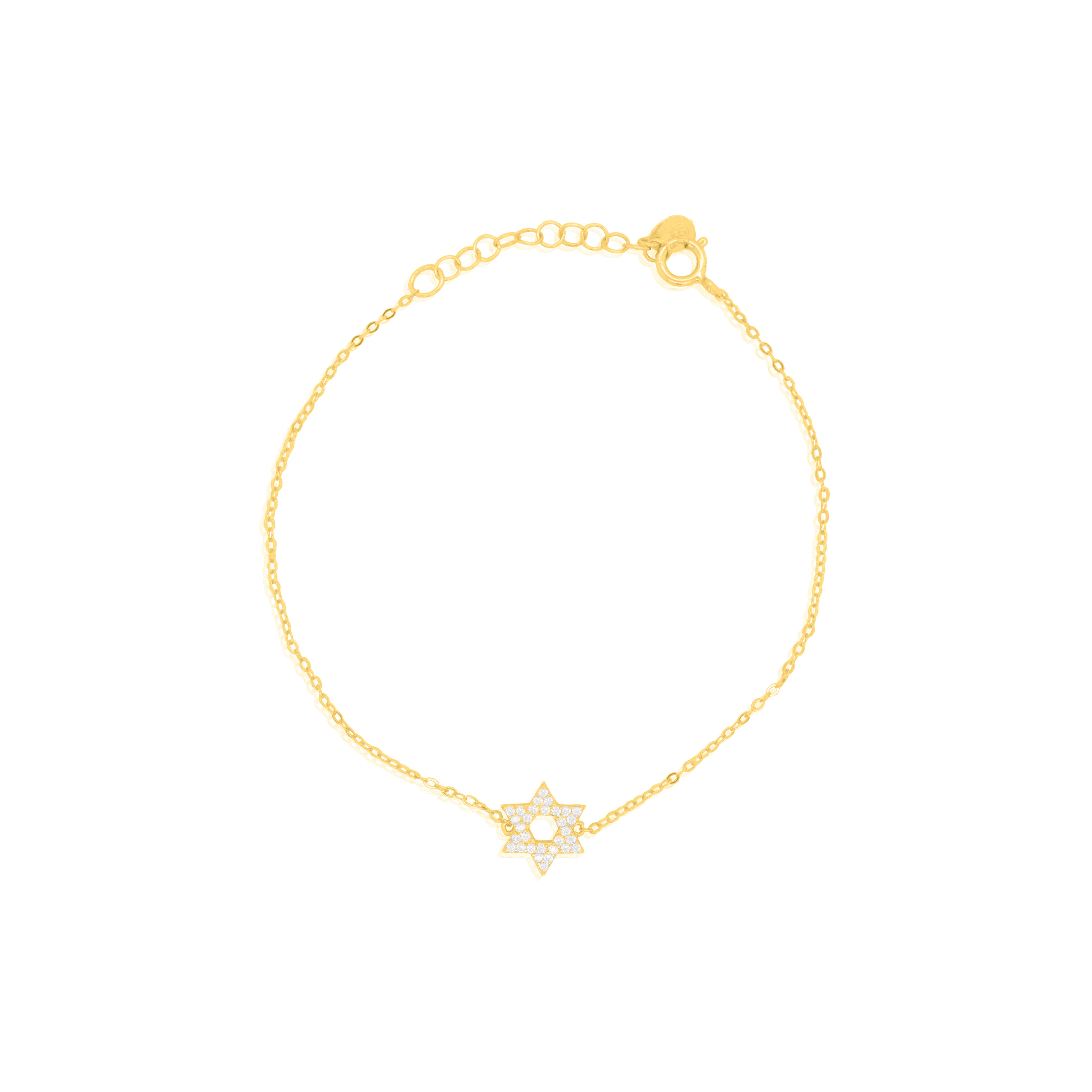 A delicate gold chain bracelet featuring a central Star of David charm embellished with small clear stones, displayed on a clean white background.