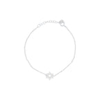 A delicate silver chain bracelet featuring a central Star of David charm paved with small clear stones, displayed on a clean white background.