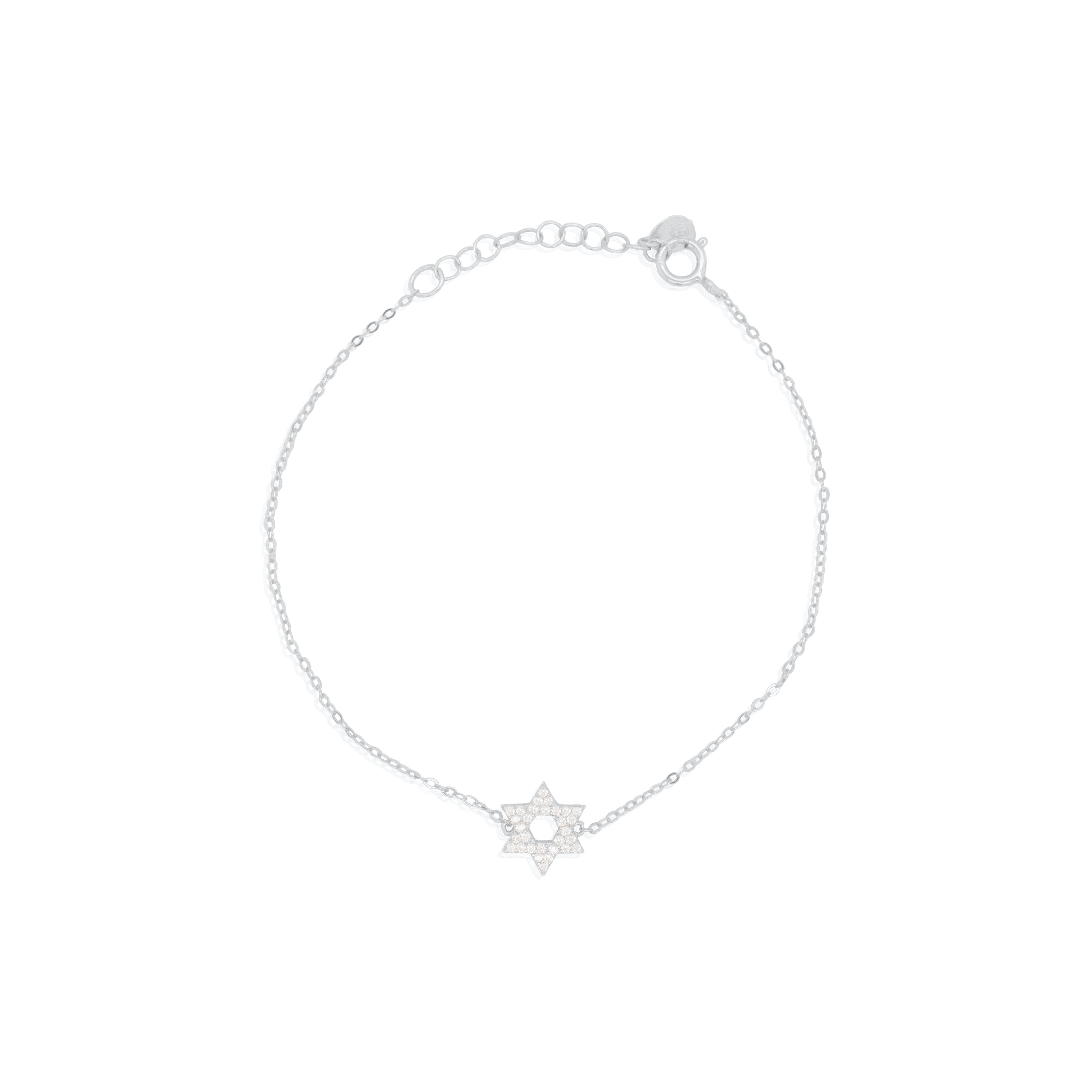 A delicate silver chain bracelet featuring a central Star of David charm paved with small clear stones, displayed on a clean white background.