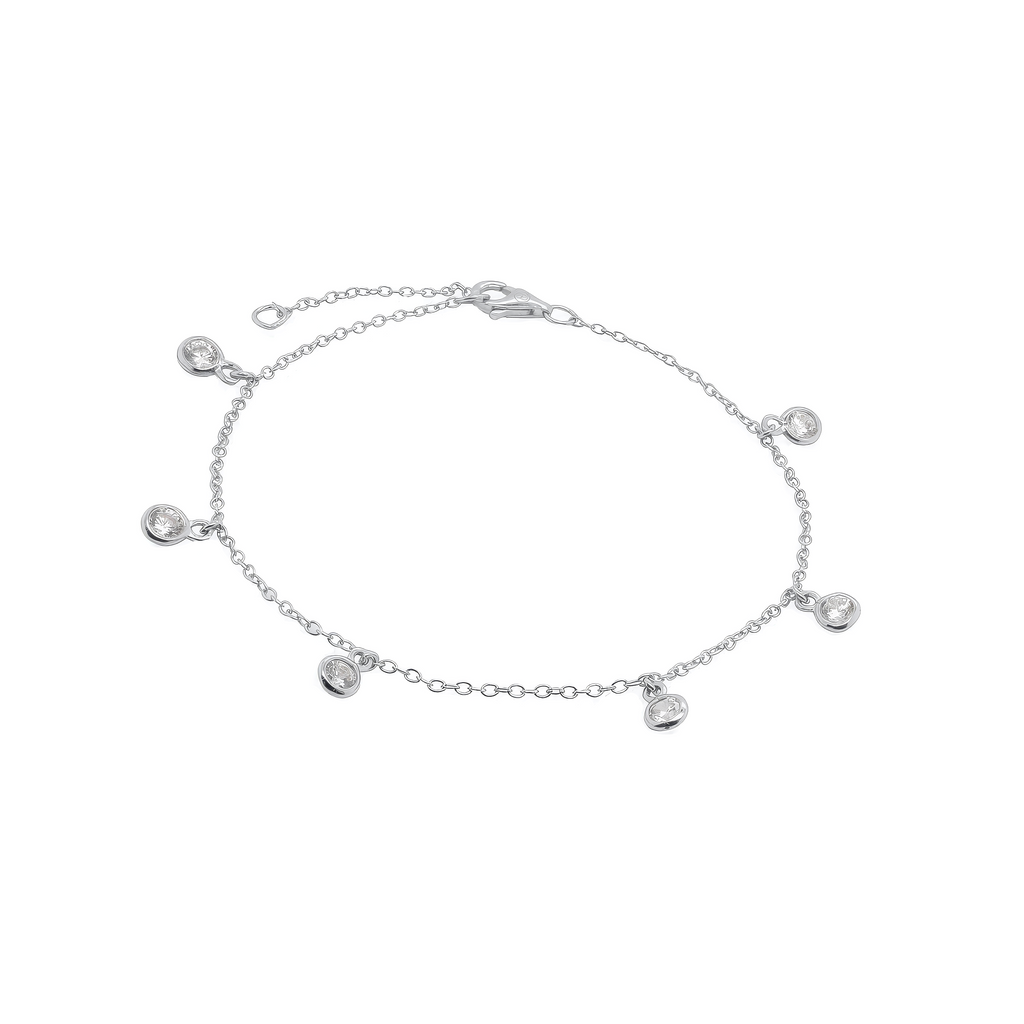 Silver bracelet with small round charms on a white background