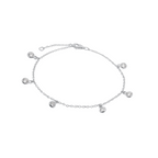 Silver bracelet with small round charms on a white background
