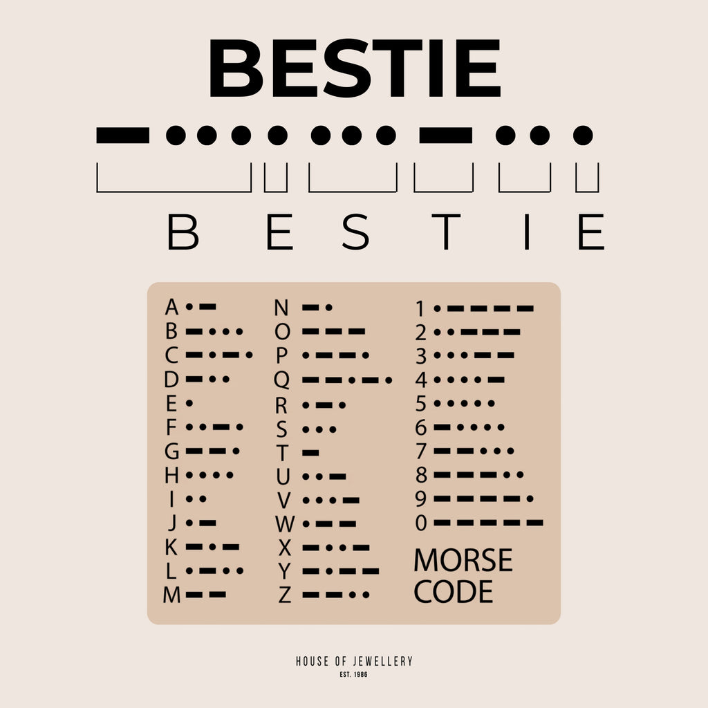 Morse code chart for 'BESTIE' on a beige background