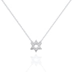 A delicate silver chain necklace featuring a Star of David pendant paved with small clear stones, displayed on a clean white background with a soft reflection below.