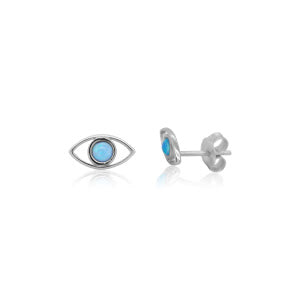 A pair of silver eye stud earrings with light blue gemstone centers, shown from the front and side on a white background.