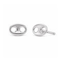 A pair of polished silver oval stud earrings with double circular cutouts, shown from front and side angles on a clean white background.