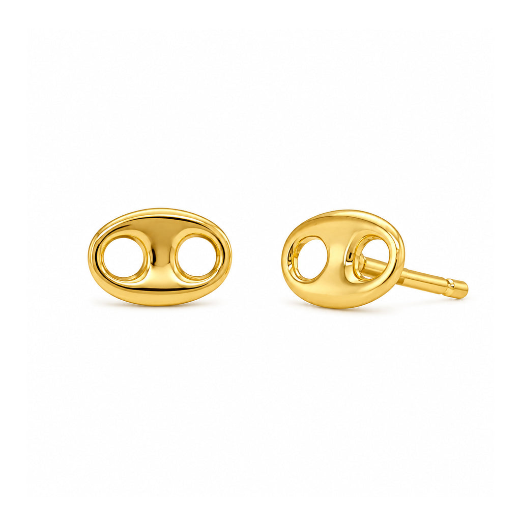 A pair of gold oval stud earrings with a double-hole cutout design, shown from both front and side angles on a plain white background.