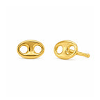 A pair of gold oval stud earrings with a double-hole cutout design, shown from both front and side angles on a plain white background.