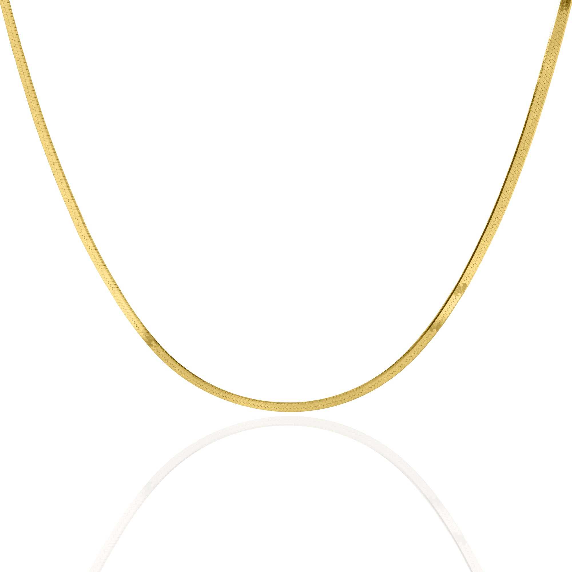 A yellow gold snake chain necklace shown in a U-shape against a clean white background with a faint reflection below.