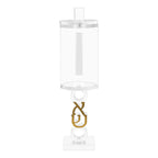 Clear cylindrical box with gold pendant on a white background
