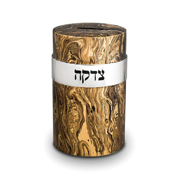 Metal cylindrical container with marbled pattern and Hebrew text on a white background