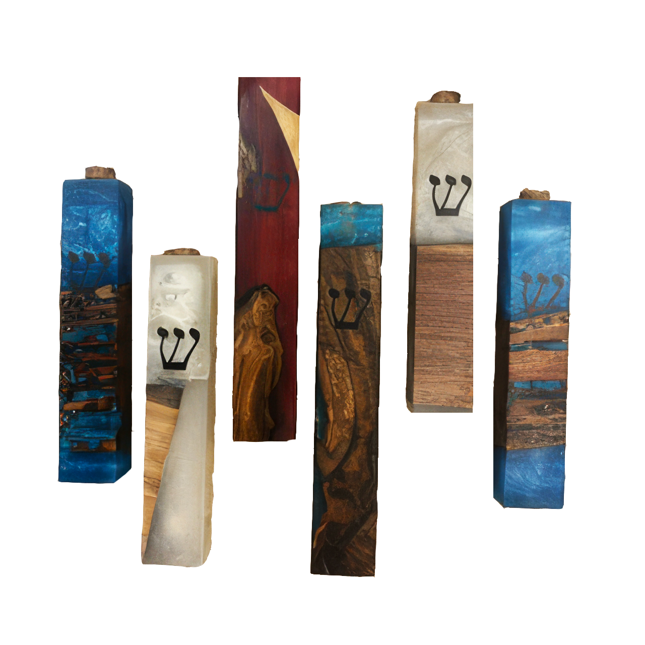 Six decorative wooden mezuzah cases with different wood grain patterns and blue Hebrew lettering, displayed against a plain white background.