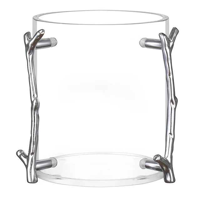 Acrylic washing cup with silver branch-like holders on a white background