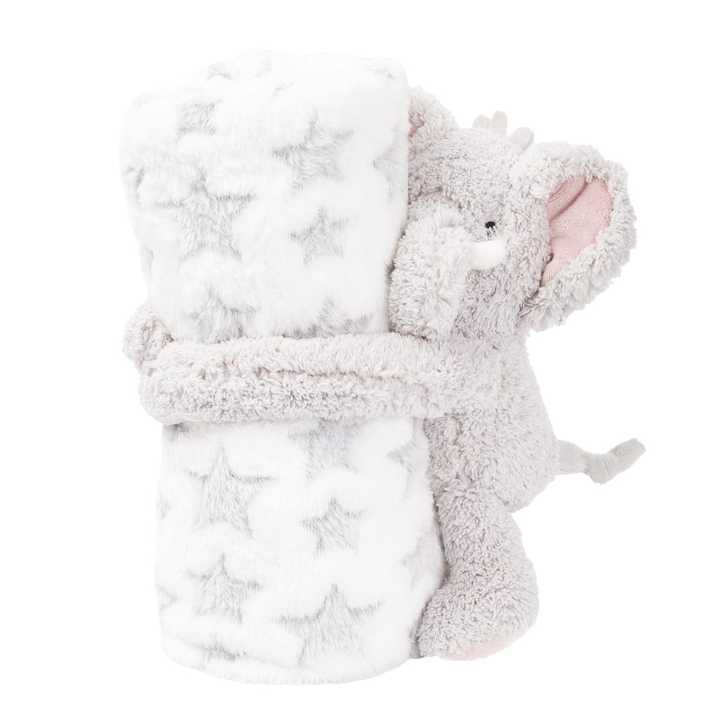 A plush gray elephant toy wrapped in a white fuzzy blanket with a repeating gray star pattern, photographed on a clean white background.