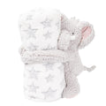 A plush gray elephant toy wrapped in a white fuzzy blanket with a repeating gray star pattern, photographed on a clean white background.