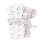 A plush gray elephant toy wrapped in a white fuzzy blanket with a repeating gray star pattern, photographed on a clean white background.