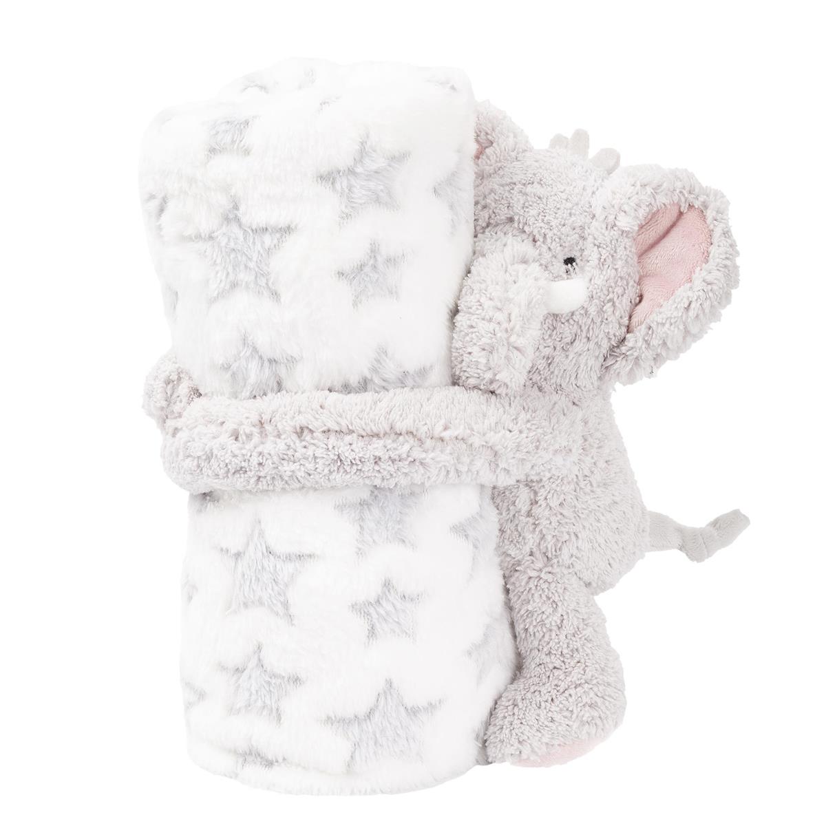 A plush gray elephant toy wrapped in a white fuzzy blanket with a repeating gray star pattern, photographed on a clean white background.