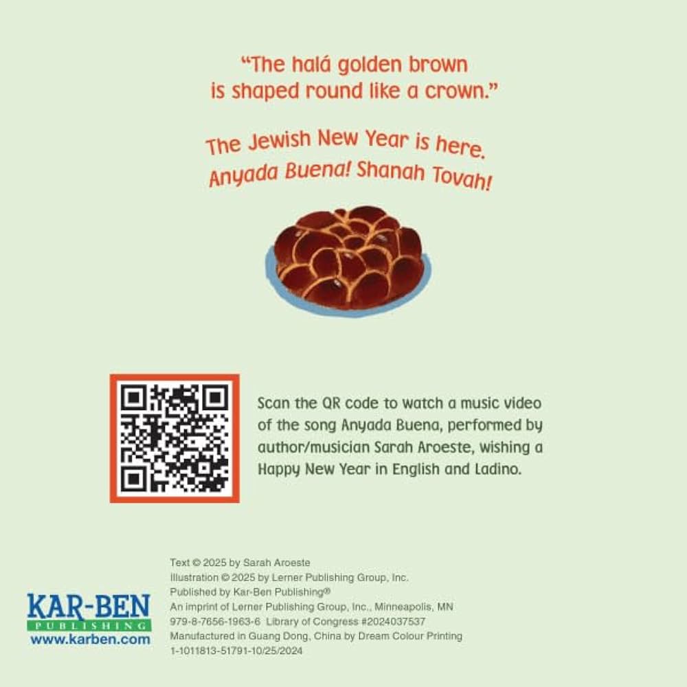 A square printed card or poster on a pale green background with decorative text about the Jewish New Year, a small illustration of a halah cake, a QR code, and Kar-Ben Publishing details at the bottom.