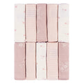 A set of 10 folded baby towels in various pastel shades of pink, cream, and white, featuring stripes, floral prints, and textured fabrics, arranged in a grid on a white background.