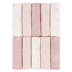 A set of 10 folded baby towels in various pastel shades of pink, cream, and white, featuring stripes, floral prints, and textured fabrics, arranged in a grid on a white background.