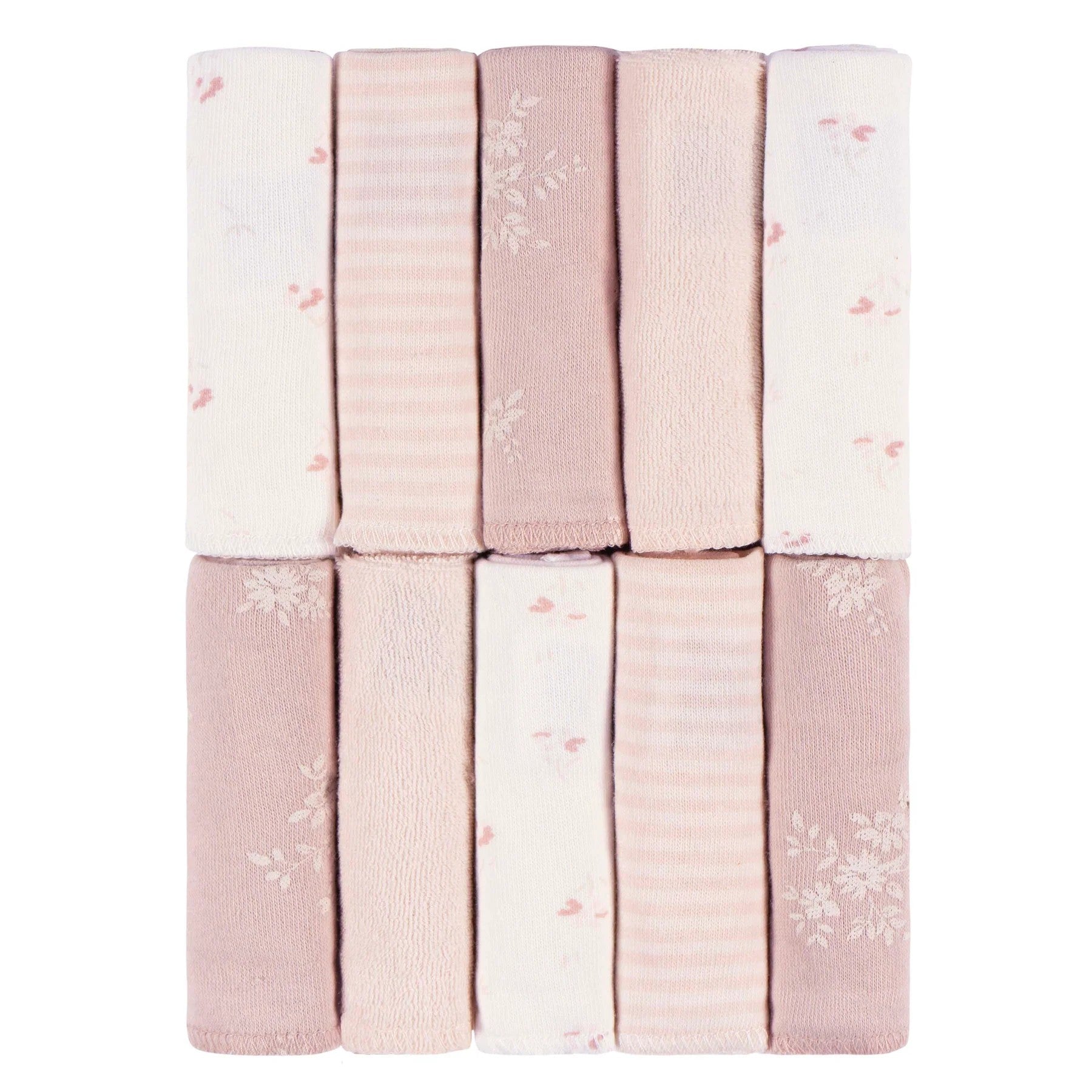 A set of 10 folded baby towels in various pastel shades of pink, cream, and white, featuring stripes, floral prints, and textured fabrics, arranged in a grid on a white background.