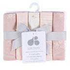 A set of 10 baby washcloths in soft pastel colors, packaged in a clear plastic bag with a white plastic hanger and tied with a gray ribbon bow. A white paper tag from the brand 'just born' is attached in the center.