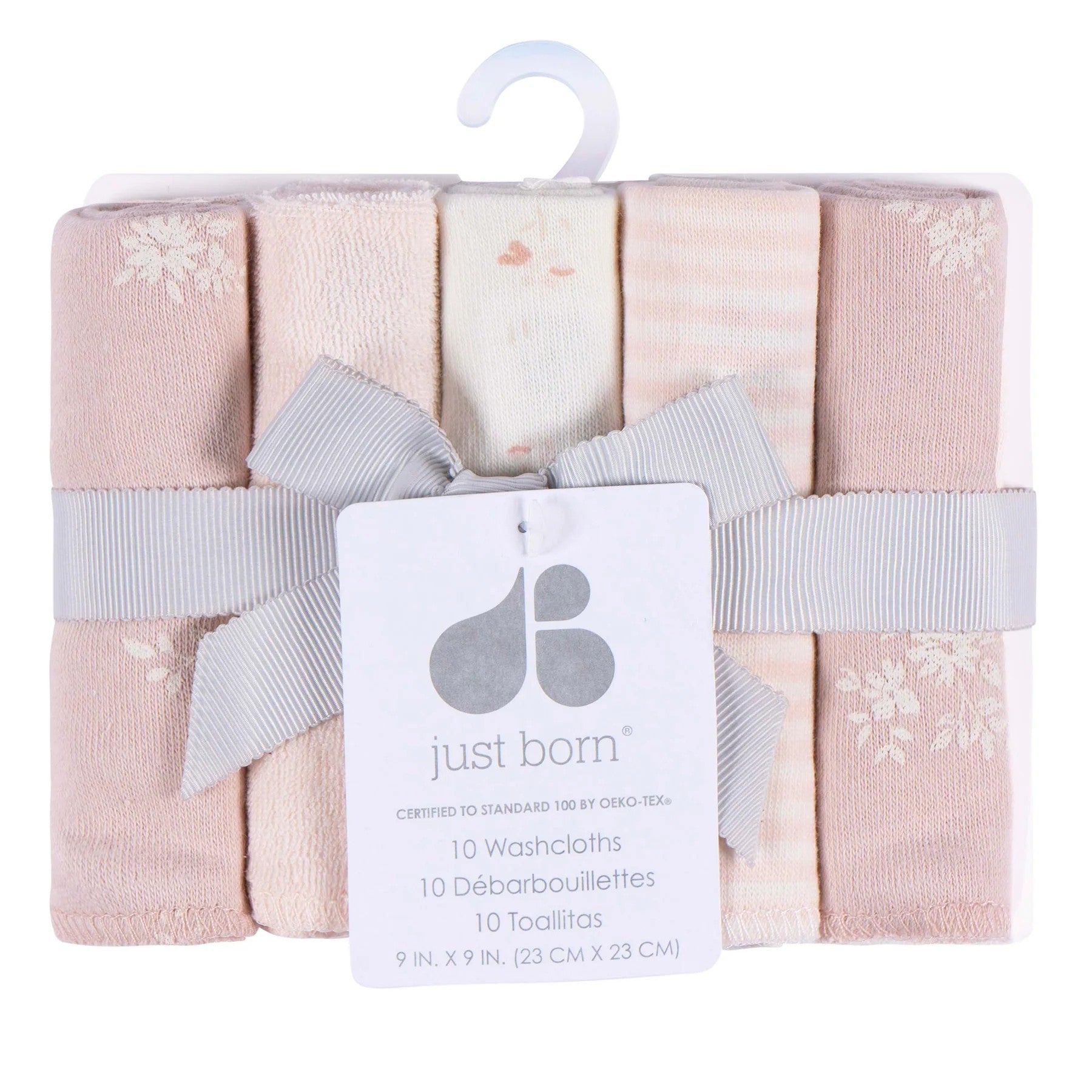 A set of 10 baby washcloths in soft pastel colors, packaged in a clear plastic bag with a white plastic hanger and tied with a gray ribbon bow. A white paper tag from the brand 'just born' is attached in the center.