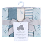 Pack of baby washcloths with a 'just bom' label on a white background