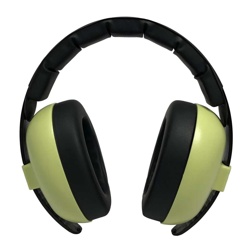 Pair of black and green ear protectors on a white background