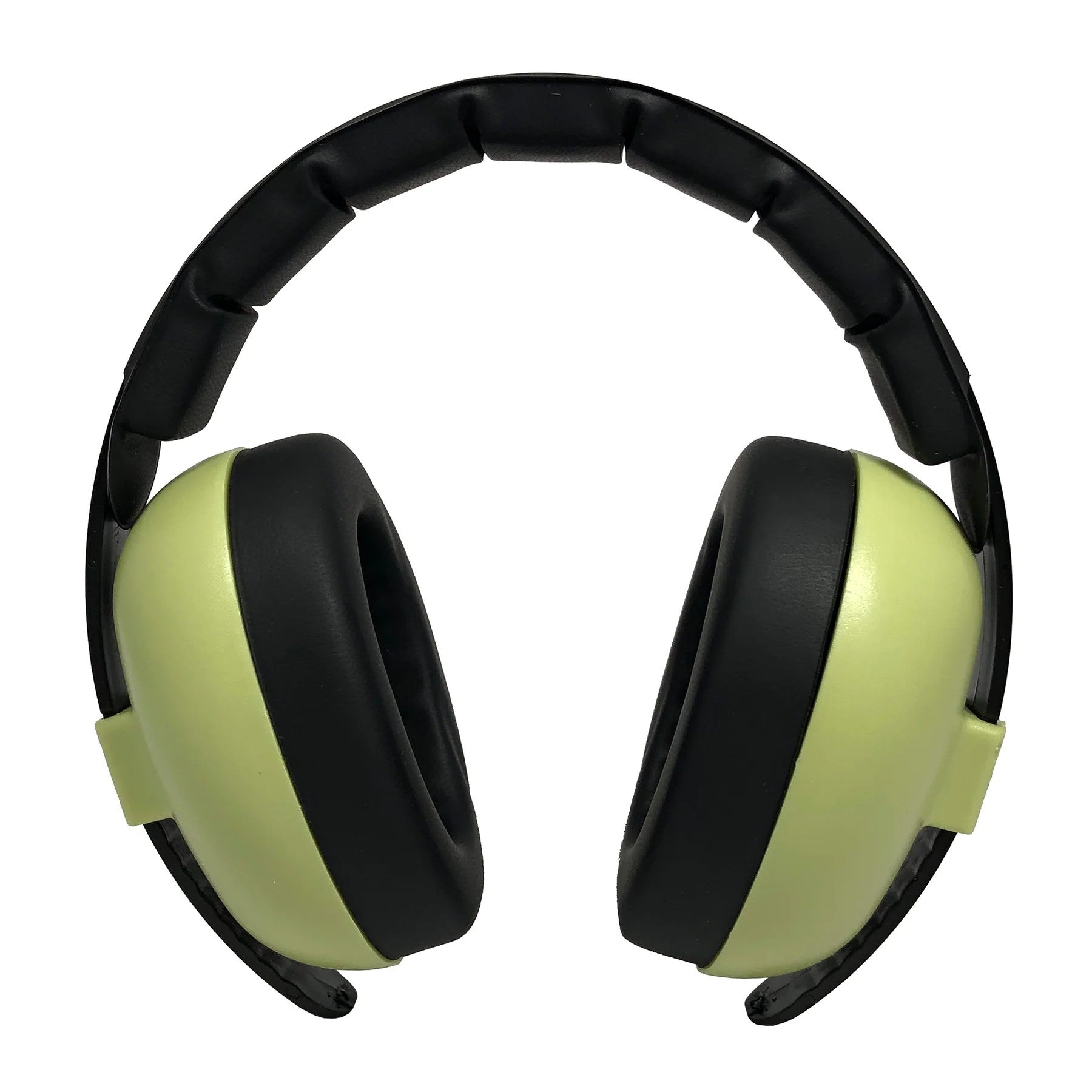 Pair of black and green ear protectors on a white background