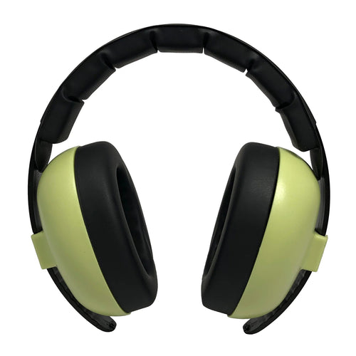 Pair of black and green ear protectors on a white background