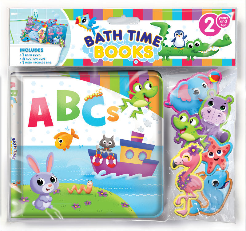 Bath time books packaging with colorful characters and 'ABCs' text