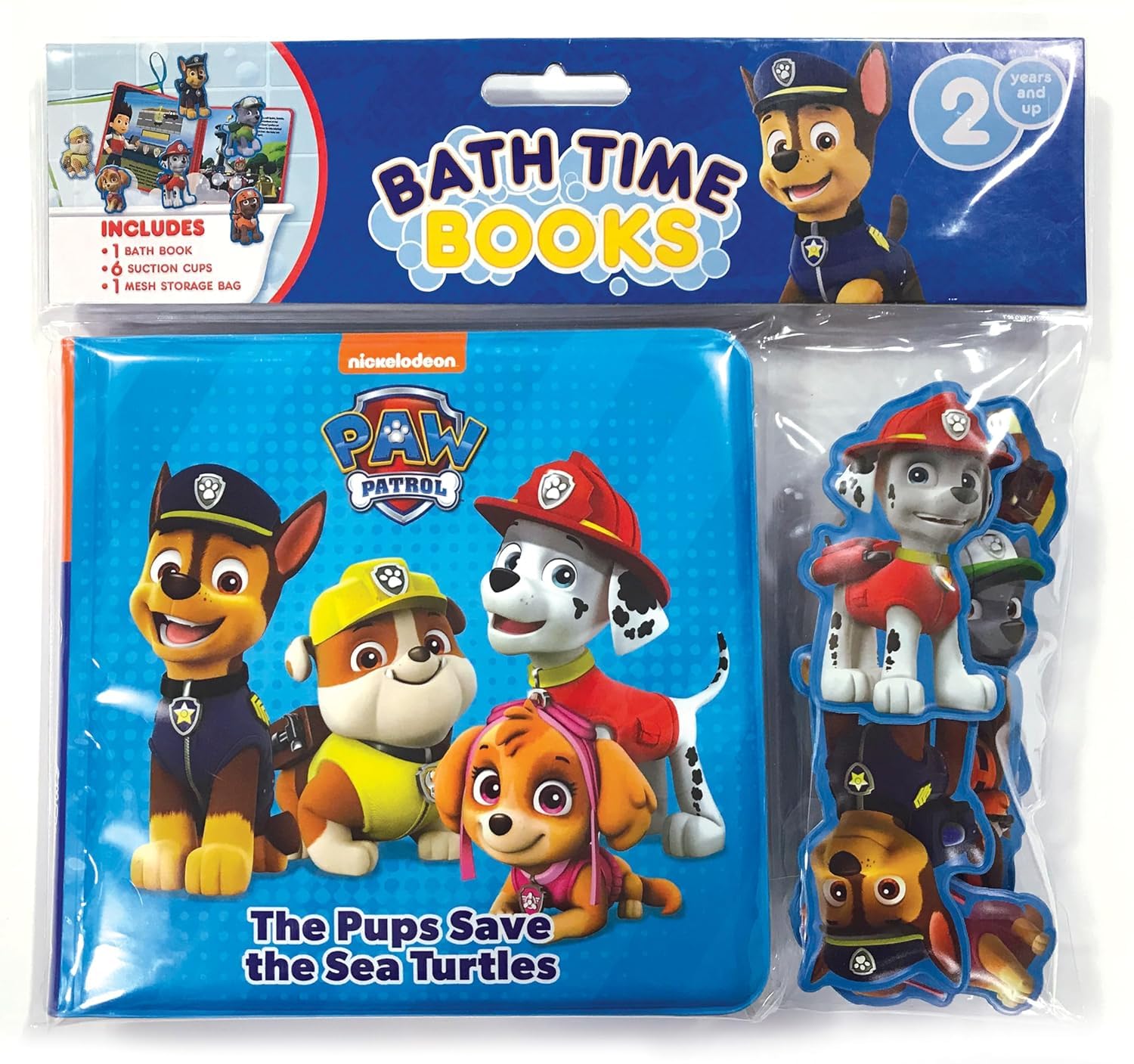 Packaged bath time books featuring Paw Patrol characters with a blue cover and colorful illustrations.