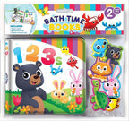 Bath Time Books 2-in-1 activity book set in its retail packaging, featuring a colorful cover with cartoon animals and numbers, a small bath book, and matching animal storage pads on the right.