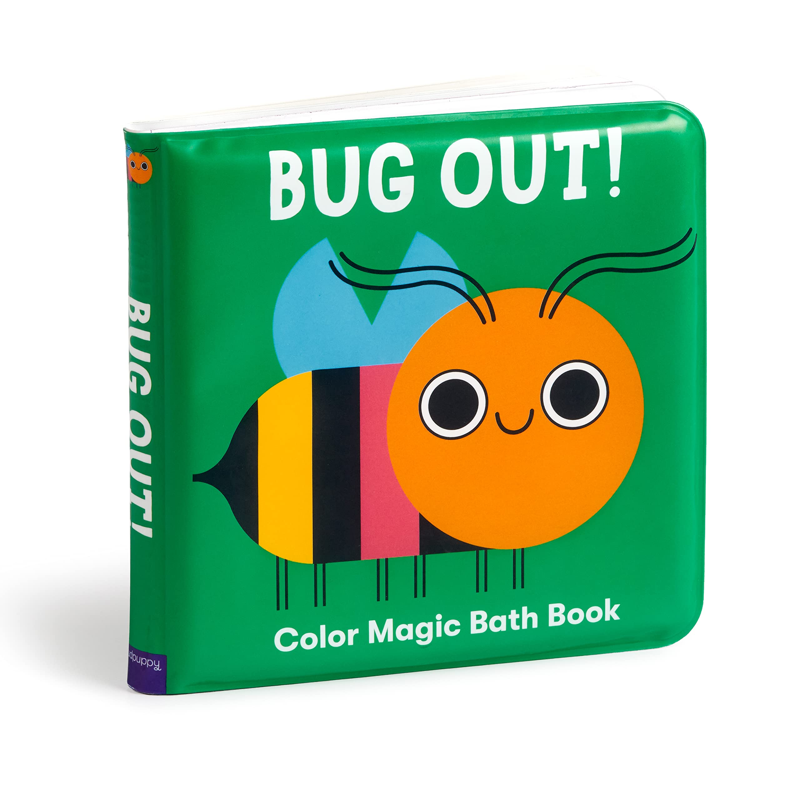 A children's bath book titled 'BUG OUT!' shown at a slight angle on a white background. The cover is bright green with a large cartoon bug illustration in orange, yellow, black, pink, and blue, plus white text reading 'BUG OUT!' and 'Color Magic Bath Book.