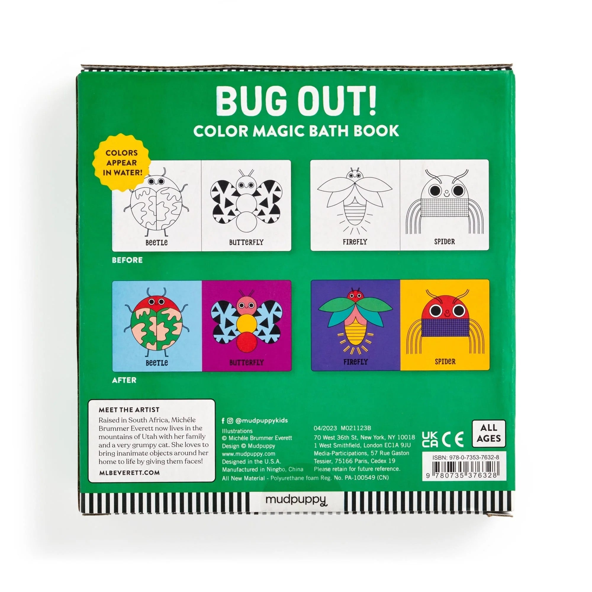 Back cover of a 'Bug Out!' Color Magic Bath Book by Mudpuppy with illustrations and text.