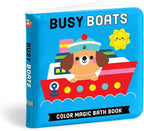 Busy Boats Color Magic Bath Book by The Little Bee, featuring a bright blue cover with a cartoon dog in a red boat and colorful illustrations.